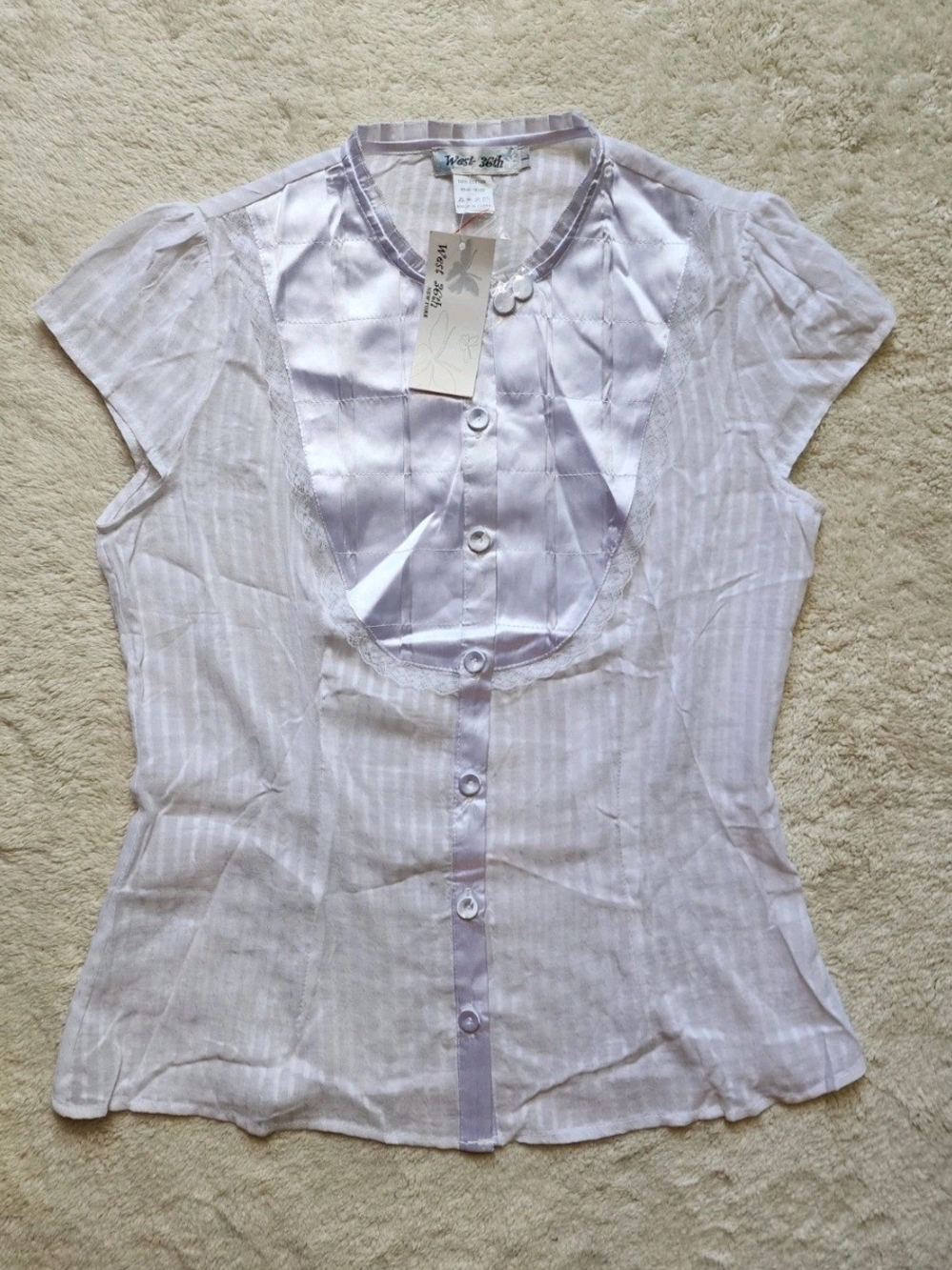 West 36th Women's 100% Cotton White Striped Button-Up Cap Sleeve Blouse L
